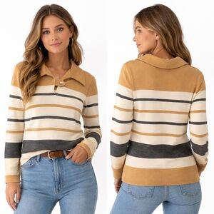 BUTTE KNIT Womens Small Striped Wool Blend Collared Sweater Neutral Vintage 70s